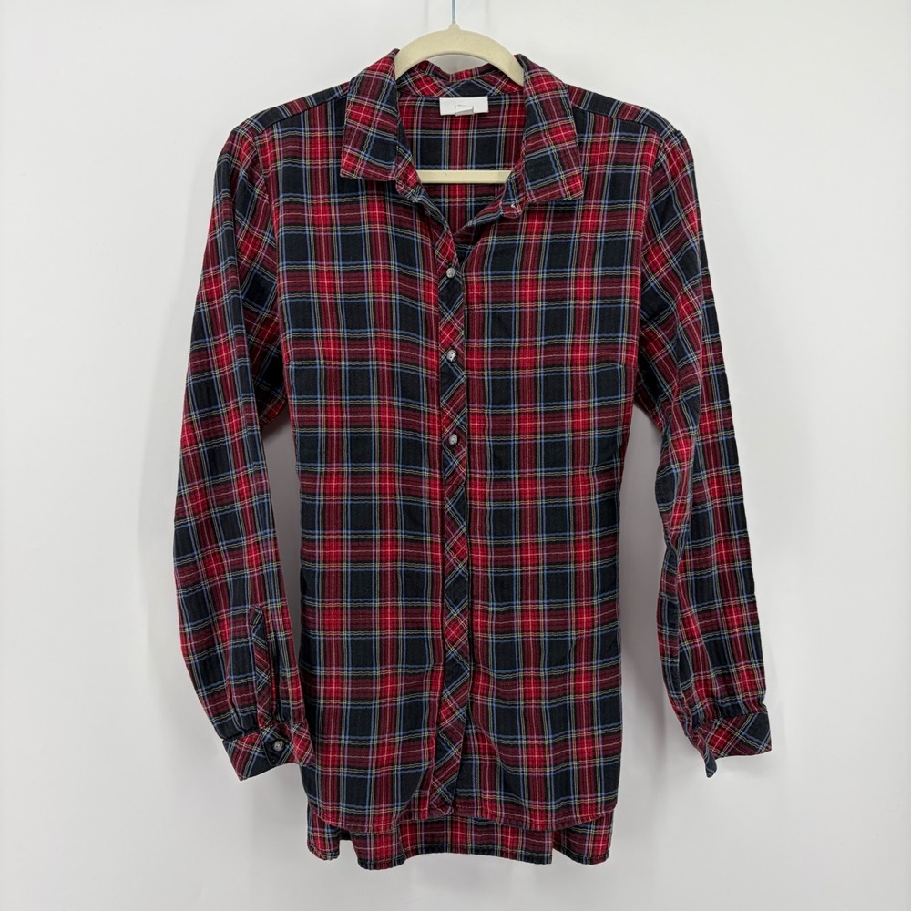J Jill Red Black Plaid Button Down Tunic Shirt with Tie Waist Size Small